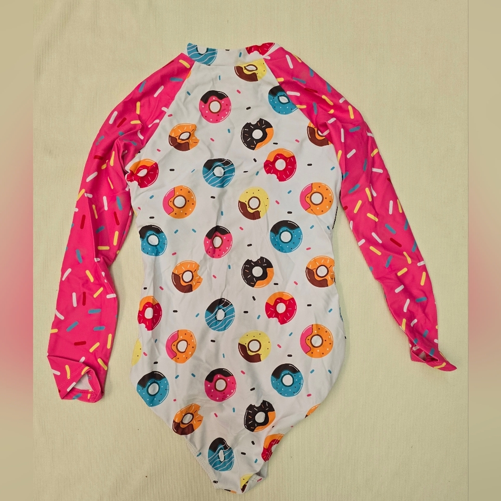 New! Girls Donut Print Long Sleeve Rashguard One-Piece Swimsuit, Pink/White - Picture 5 of 6